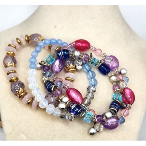 4 Bracelets, Pinks, Blue, Purple, Acrylic Crystal & Metal Beads - Picture 2 of 3